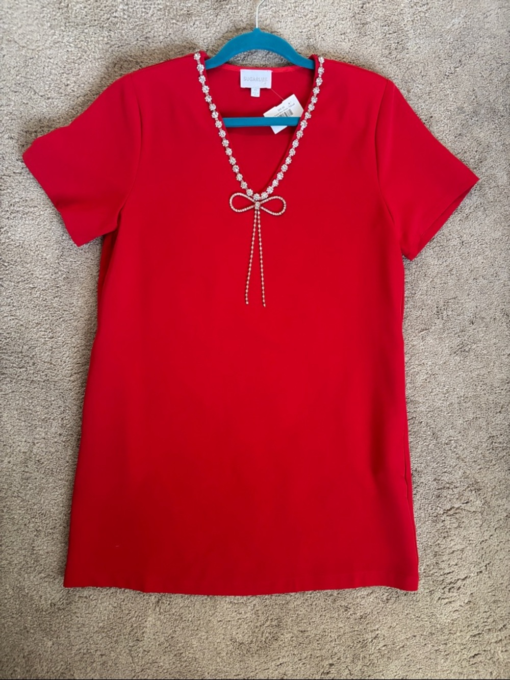 Sugarlips Bright Red Short Sleeve Jewel-Accent V-Neck Mini Dress- NWT